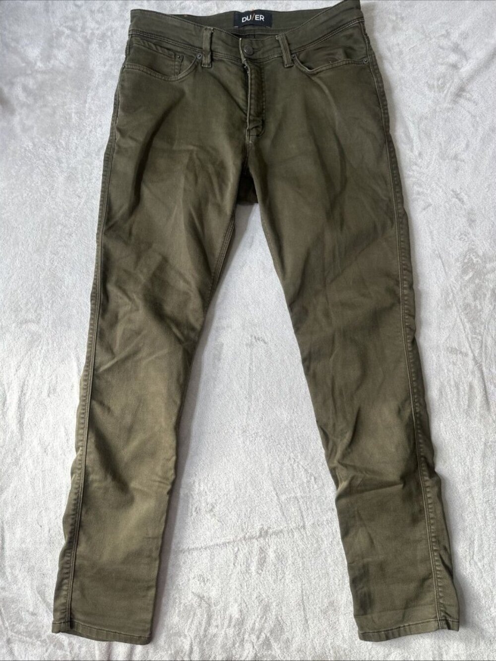 DU/ER performance denim olive green stretch jeans pants slim tapered men’s 31x3